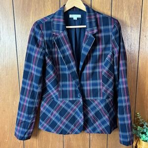 Vintage Cato‎ Plaid Blazer Jacket Double Button Blue Red Tan Academia Heritage